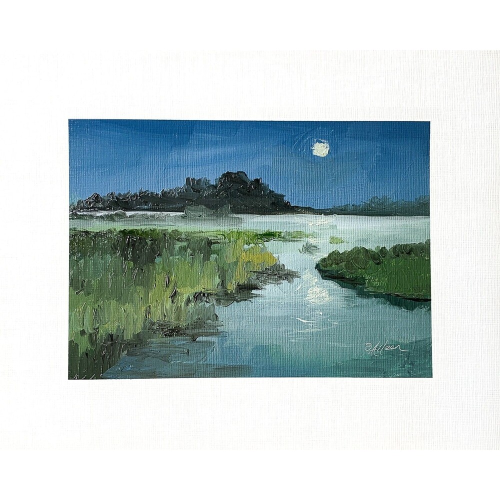 8x10 Original Oil Painting Marsh Landscape Moonlit Clouds Lowcountry Art Signed